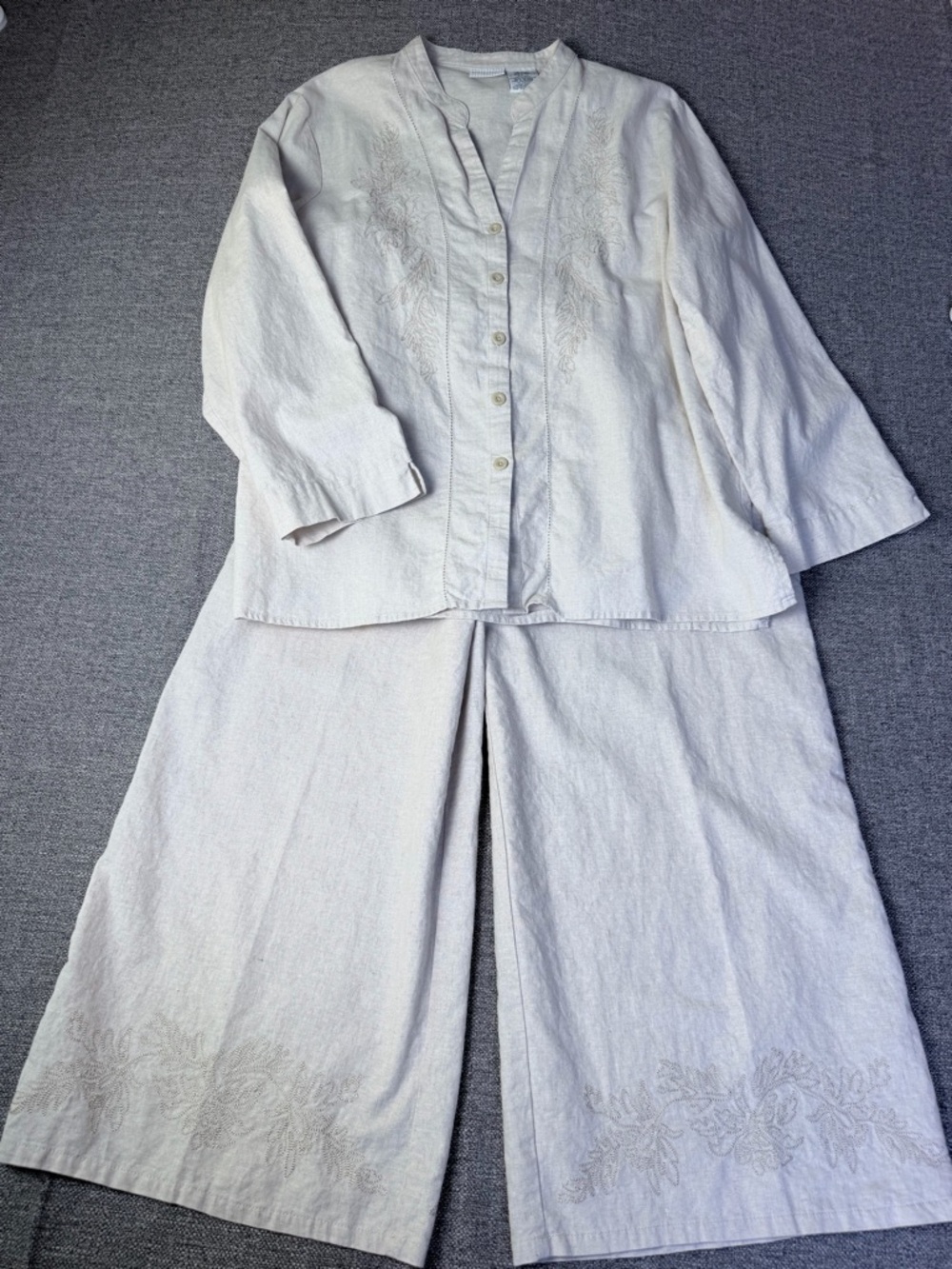White Stag Light Cream linen Wide-Leg Embroidered Pants - Picture 2 of 14